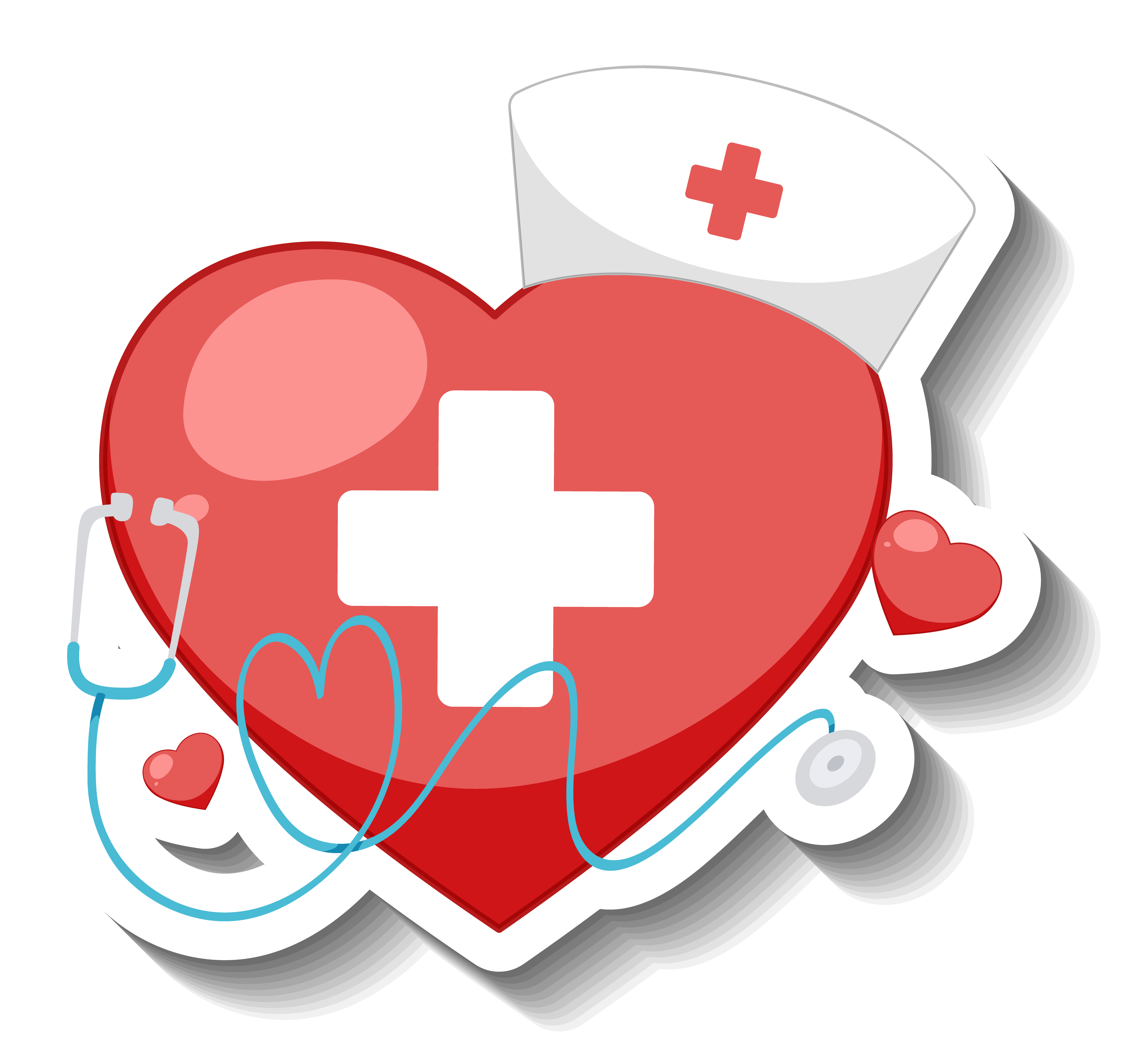 Red gradient heart with nursing cap and stethoscope illustration